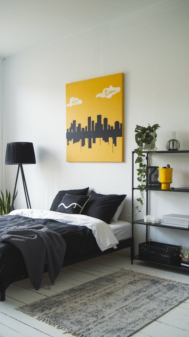 A serene bedroom with a monochromatic scheme, consisting of a white wall, a black bed, and a gray rug. There's a black lampshade on a white lampstand near the bed. Personalized touches include a bright yellow painting of a city skyline