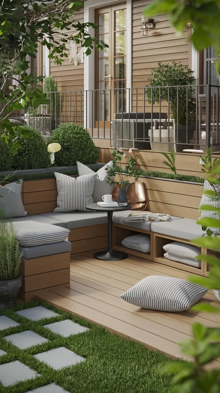 Cozy garden seating area with wooden deck, cushions, and potted plants, ideal for relaxation and outdoor gatherings.
