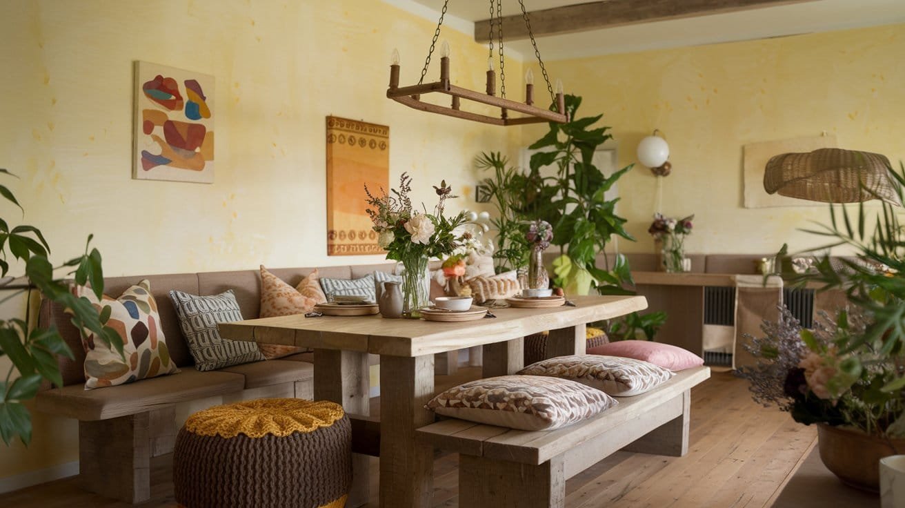 Stylish dining area with wooden table, decorative cushions, floral arrangements, and vibrant yellow walls, featuring natural decor elements.