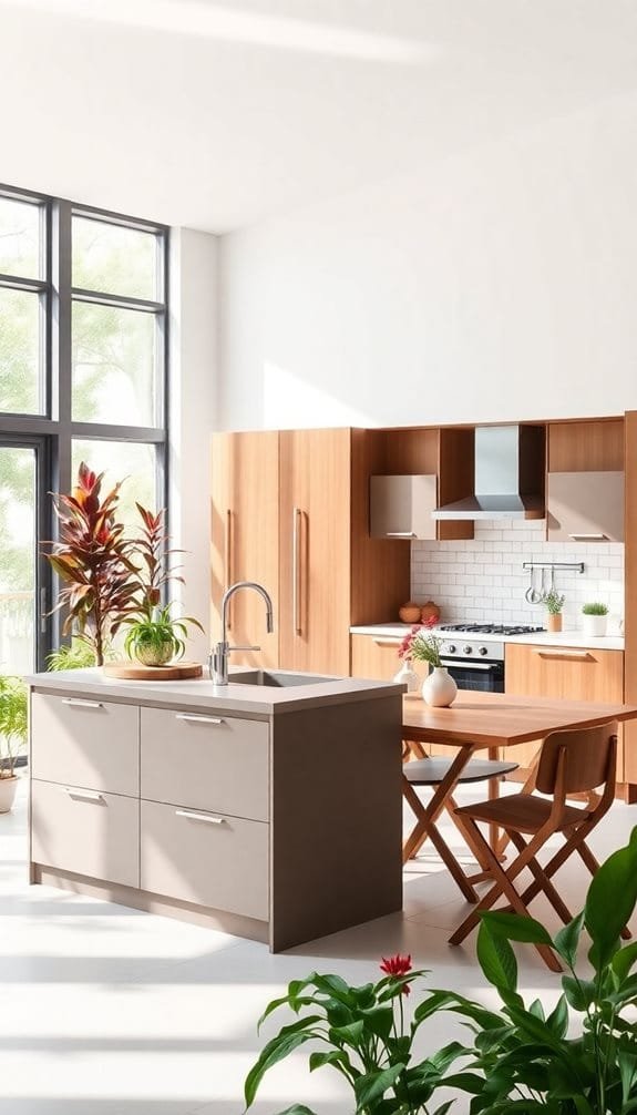 Modern kitchen interior featuring a minimalist design with wooden cabinetry, a central island sink, and a dining table. Large windows allow natural light to illuminate the space, complemented by indoor plants.