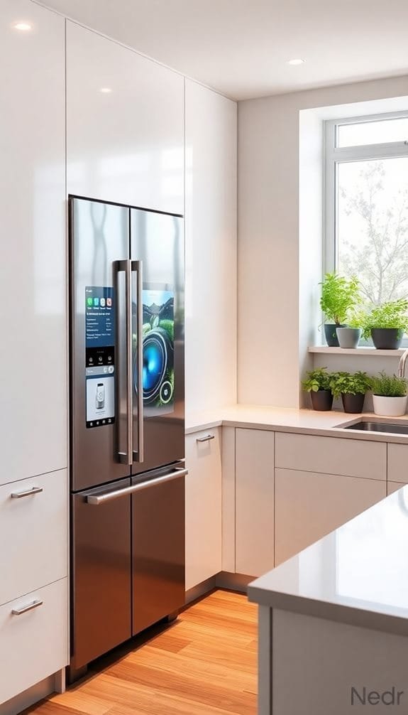 Modern kitchen featuring a stainless steel smart refrigerator with a touchscreen display, surrounded by sleek white cabinets and a sunny window with potted herbs.