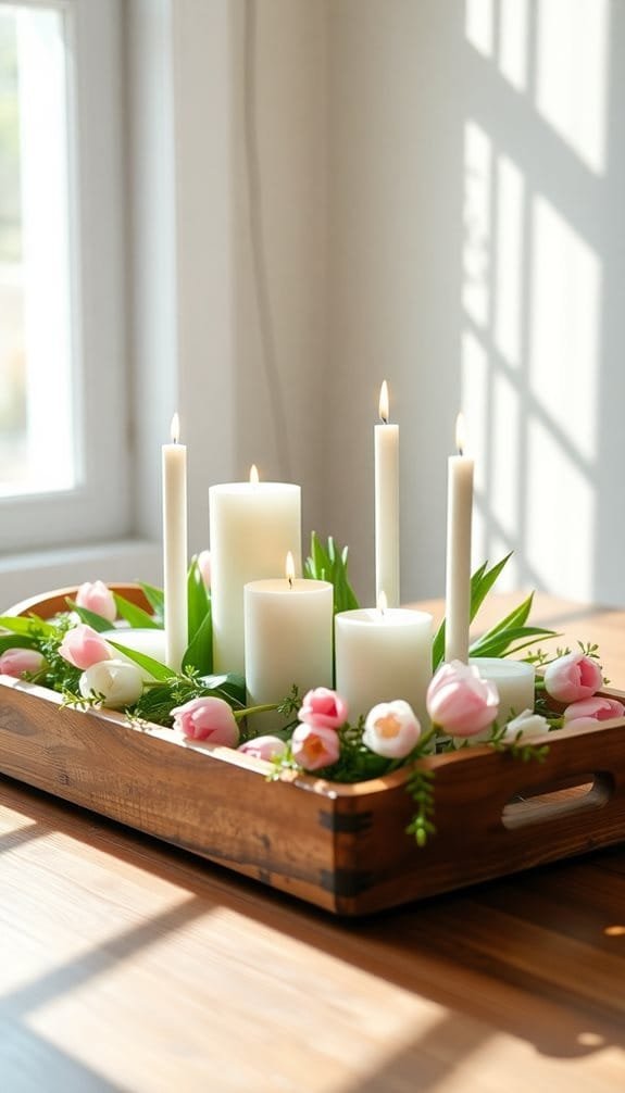 Decorative tray with white candles and pink flowers, perfect for home decor and enhancing ambiance.