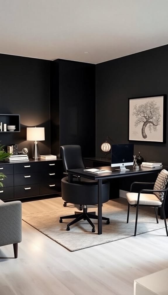 Modern home office featuring a dark color scheme, a large desk with an ergonomic chair, and stylish decor elements including a lamp and artwork. The space includes a comfortable seating area with a light gray sofa and a cozy rug, creating an inviting workspace.