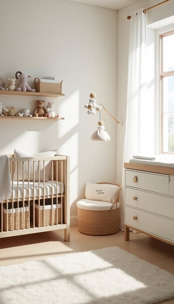 Bright and airy nursery featuring a wooden crib with soft bedding, a cozy reading nook with a plush circular seat, and decorative shelves displaying cuddly toys. Sunlight streams through a window, enhancing the serene atmosphere with a fluffy rug on the floor. Ideal for creating a warm, inviting space for a baby or toddler.