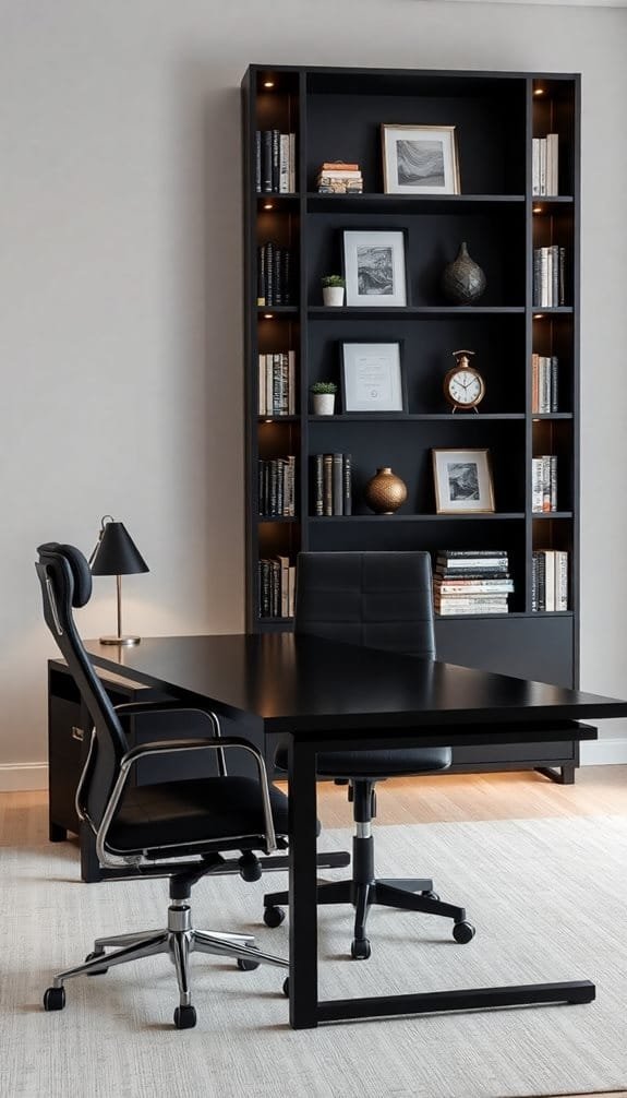 Modern office featuring a sleek black desk with two ergonomic chairs, a stylish bookshelf filled with books and decorative items, and warm ambient lighting, creating a professional and inviting workspace.