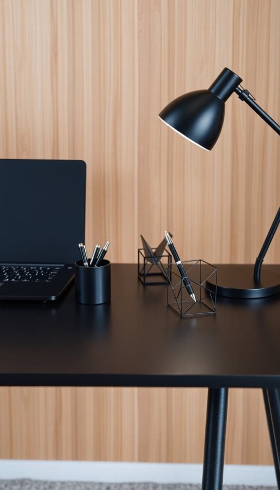 Modern black desk setup with a laptop, geometric pen holder, and desk lamp against a wooden background.