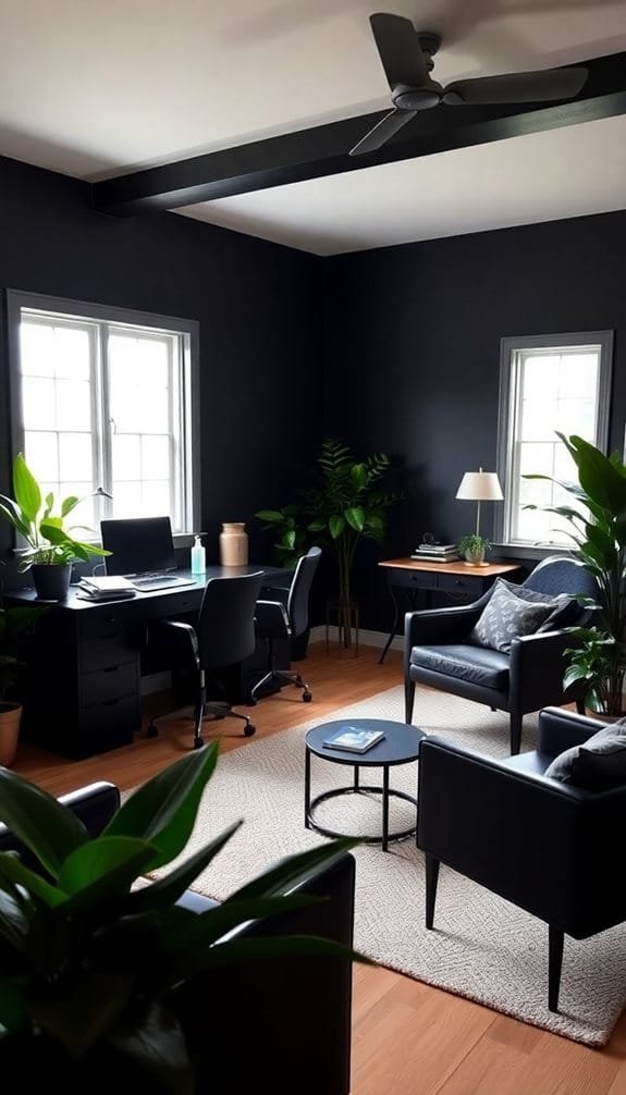 Modern home office design featuring dark walls, a ceiling fan, and ample greenery. The space includes a desk setup with a computer, two comfortable chairs, and a coffee table, complemented by natural light from large windows. Ideal for remote work or reading.