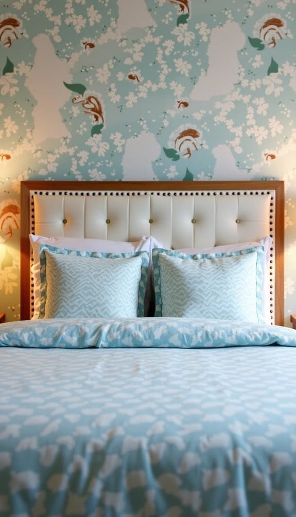 Cozy bedroom featuring a stylish cream upholstered headboard with decorative nailhead trim, complemented by a light blue patterned duvet cover and matching pillows against a whimsical floral wallpaper in aqua tones.