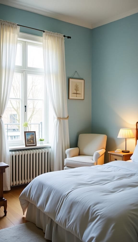 Cozy bedroom featuring a light blue wall, a neatly made bed with white bedding, a comfortable cream-colored armchair, and a window with sheer curtains. A wooden bedside table with a lamp and decorative elements, alongside a traditional radiator, complete the inviting atmosphere.