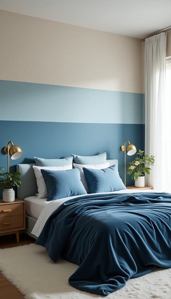Modern bedroom with a blue and beige color scheme, featuring a neatly made bed with blue bedding and multiple pillows, stylish bedside lamps, and decorative plants on wooden nightstands. Natural light illuminates the space, highlighting the contemporary decor.