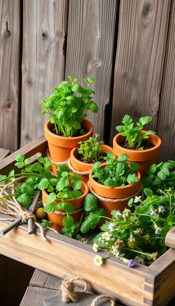 Potted herbs and plants on a wooden tray, showcasing vibrant greenery and terracotta pots in a rustic setting.