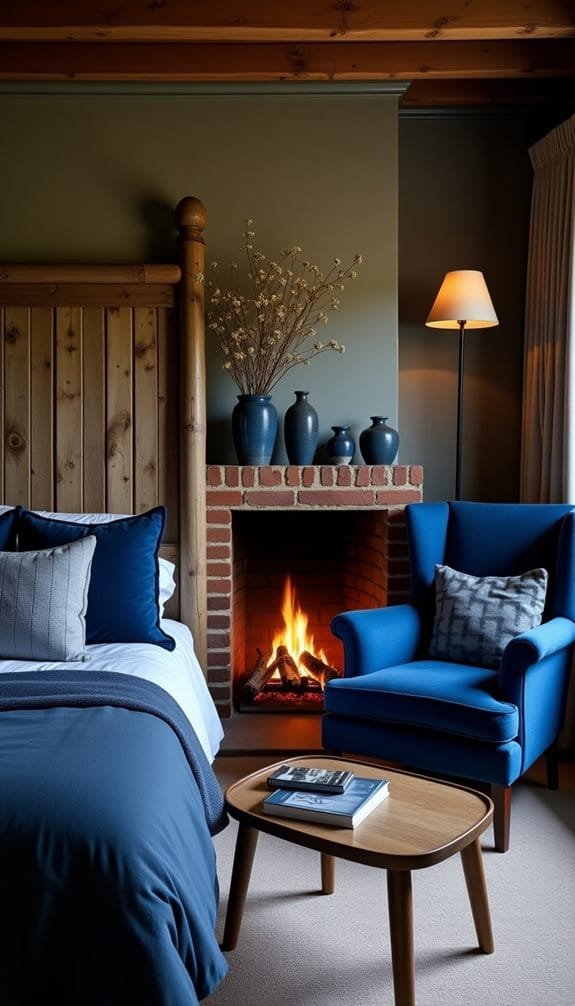 Cozy bedroom featuring a wooden bed frame, blue bedding, and decorative pillows, complemented by a welcoming fireplace with brick surround, a blue armchair, and a coffee table stacked with books, creating a serene and inviting atmosphere.