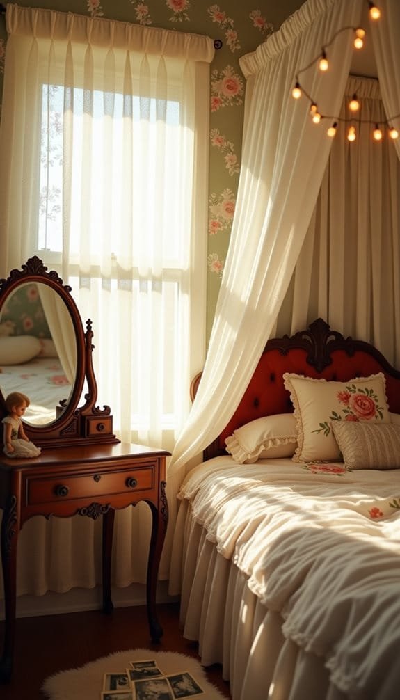 Cozy vintage bedroom featuring a beautifully adorned bed with floral pillows, a wooden vanity with a decorative mirror, sheer white curtains allowing natural light, and soft pastel wallpaper that adds charm to the space.