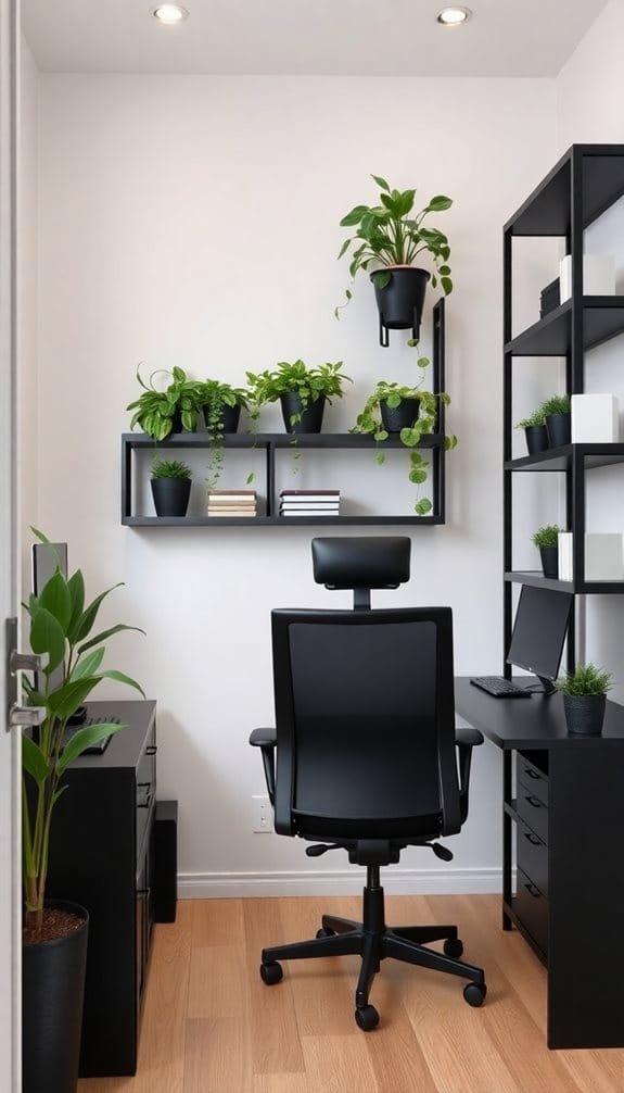 Modern home office featuring a black ergonomic chair, sleek desk, and stylish black shelving adorned with potted plants. The room has a minimalist design with warm wooden flooring and bright overhead lights, creating a productive workspace atmosphere.