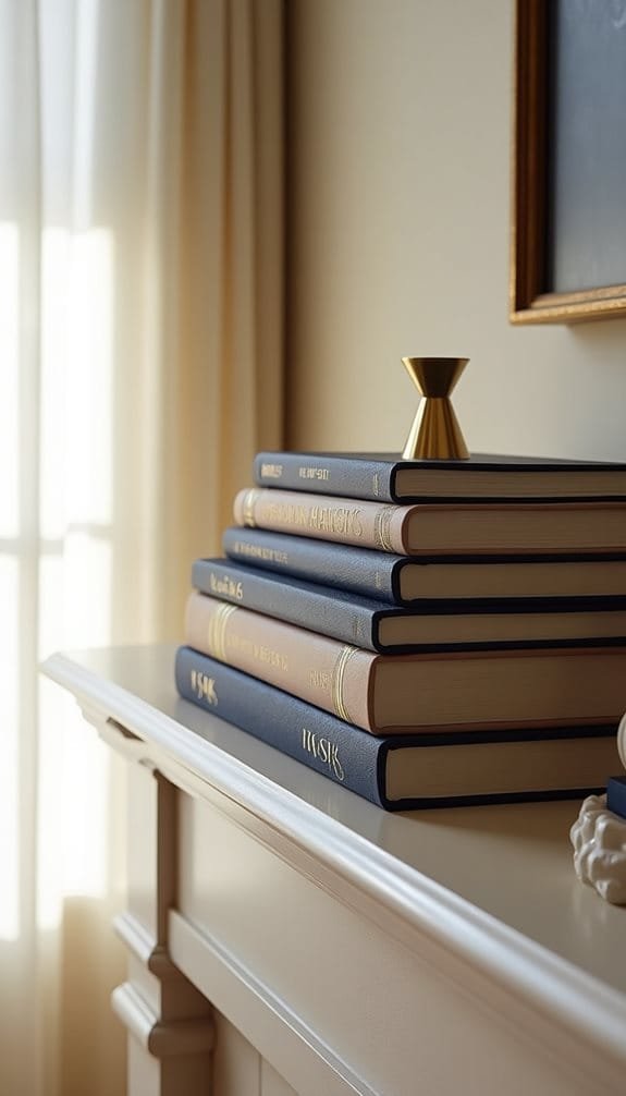 a mantel with chic vertical book arrangement