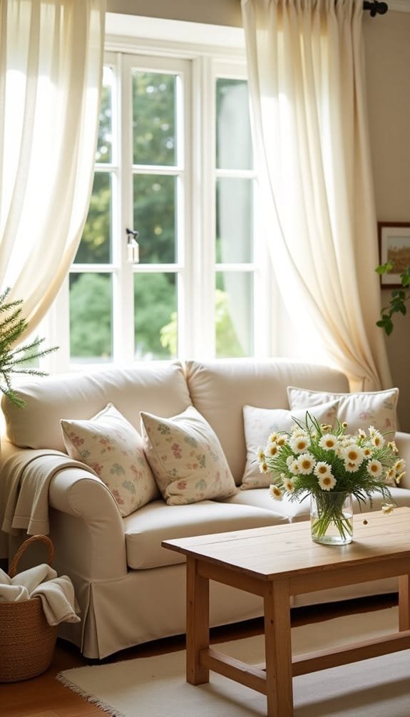 Cozy living room featuring a light-colored sofa adorned with floral cushions, a wooden coffee table, and a vase of daisies. Natural light floods in from large windows dressed with soft, flowing curtains. This inviting space embodies a warm and comfortable aesthetic, perfect for relaxing or entertaining.