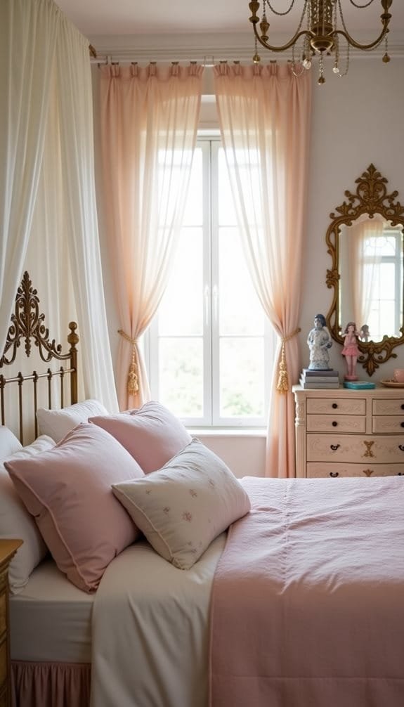 Elegant bedroom interior featuring a cozy bed with pink pillows and a soft blanket. Delicate sheer curtains in peach and white frame a large window, allowing natural light to flow in. An ornate mirror and stylish dresser complement the decor, creating a warm and inviting atmosphere. Ideal for inspiration in home decor or interior design.