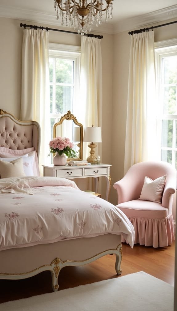 Cozy and elegant bedroom featuring a tufted pink bed with floral bedding, a vintage style nightstand, a pink accent chair, and sheer cream curtains letting in natural light, all highlighted by a crystal chandelier.