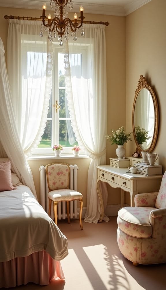 Cozy bedroom interior featuring a chandelier, floral-patterned chair, and a vintage dressing table with a mirror. Soft natural light filters through sheer curtains, illuminating the pastel color palette and elegant decor.