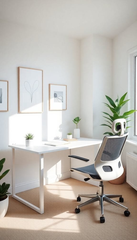 Bright and modern home office featuring a white desk and ergonomic chair surrounded by indoor plants. Minimalist decor with framed line art on the walls and natural light flowing through a window, creating a serene workspace atmosphere.