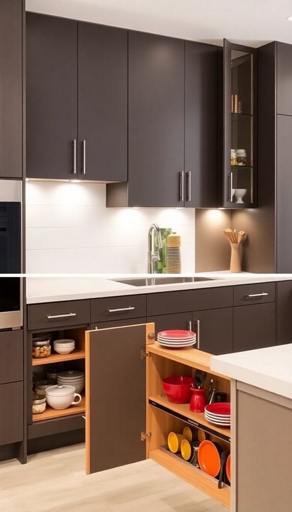 Modern kitchen design with sleek dark cabinets, a stainless steel refrigerator, and contemporary countertop. Features an open cupboard displaying colorful dishes and storage for pots and pans. Under-cabinet lighting enhances the stylish layout. Ideal for maximizing space and organization in home interiors.