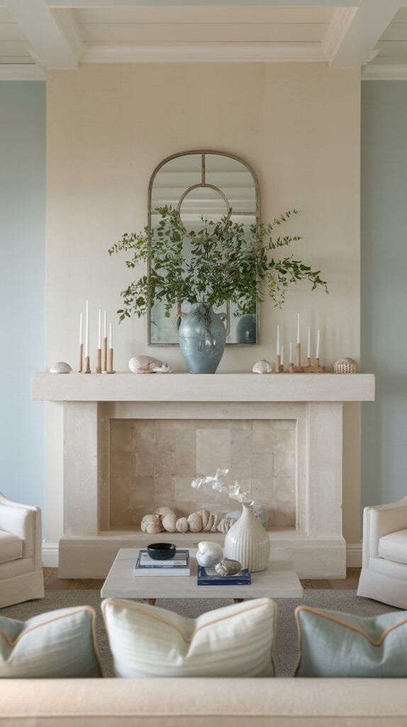 Cozy living room featuring a stylish mantel, decorative vase, candles, and soft seating for a welcoming atmosphere.