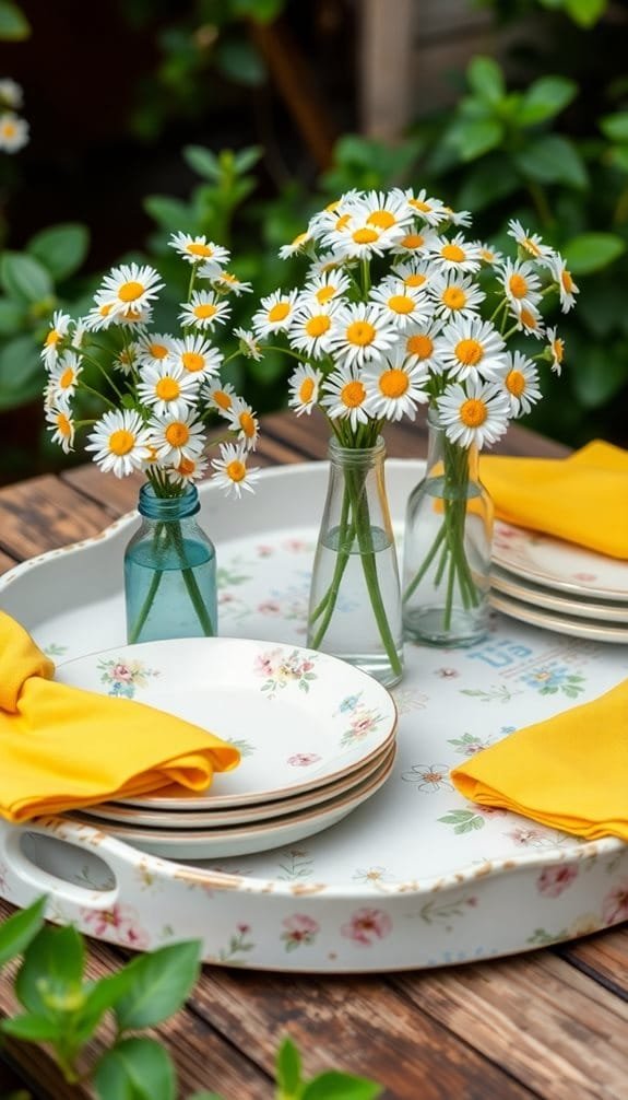 Cheerful table setting with daisies, vintage plates, and vibrant yellow napkins on a floral tray against a garden backdrop.