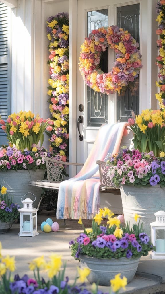 Charming spring porch decorated with vibrant flowers, including tulips and pansies, a floral wreath, and pastel blankets. Features a cozy seating area with a lantern and colorful Easter eggs, creating a welcoming atmosphere for the season.