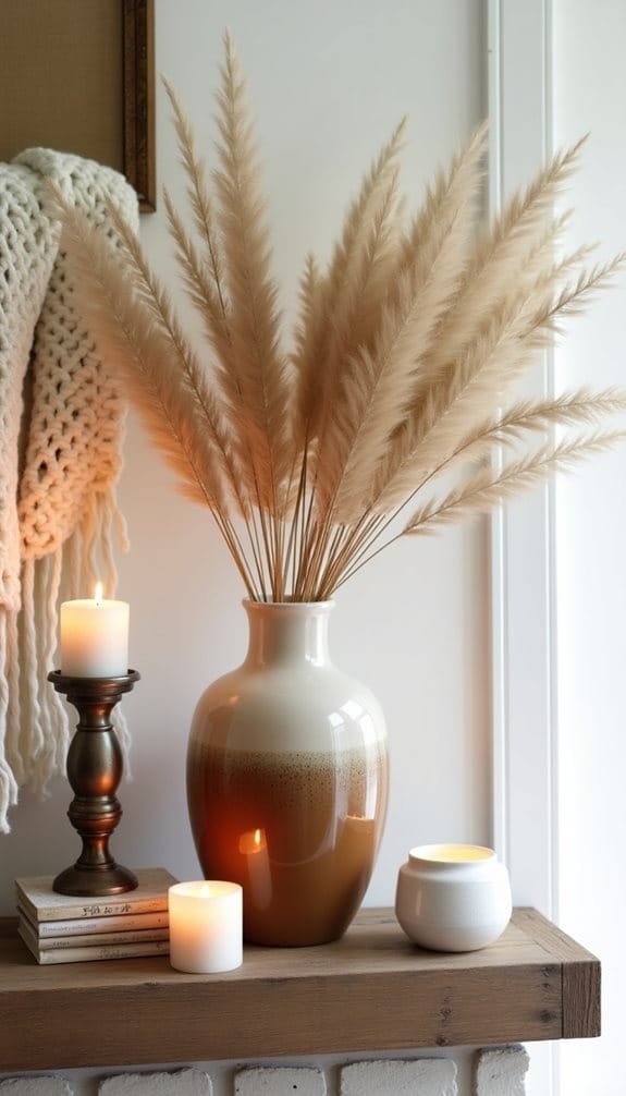 Stylish home decor featuring a beige ceramic vase with pampas grass, accompanied by candles and decorative books.