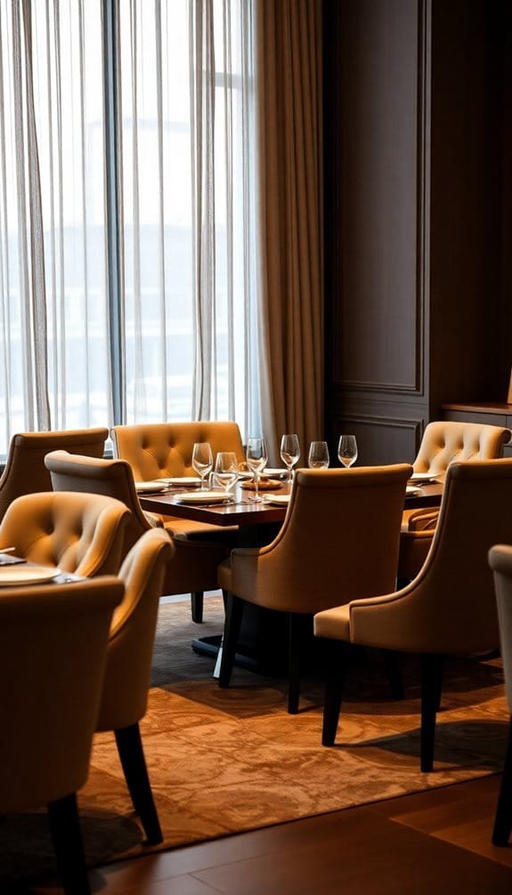 Elegant restaurant interior featuring plush beige chairs around a wooden dining table, set with wine glasses and tableware, illuminated by natural light filtering through sheer curtains.