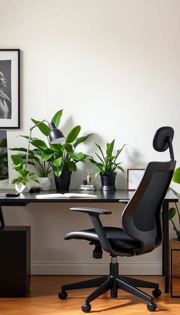 Home office setup featuring a modern black ergonomic chair beside a sleek desk adorned with potted plants, a desk lamp, and a framed photo on a stylish backdrop.