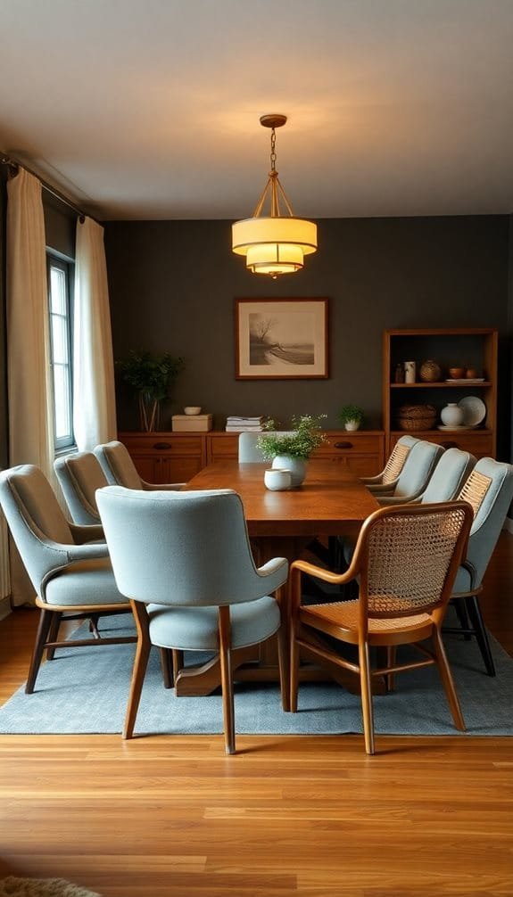 Modern dining room featuring a large wooden table surrounded by stylish upholstered chairs. The space is illuminated by a vintage pendant light and accented with decorative houseplants and wall art, creating a warm and inviting atmosphere.