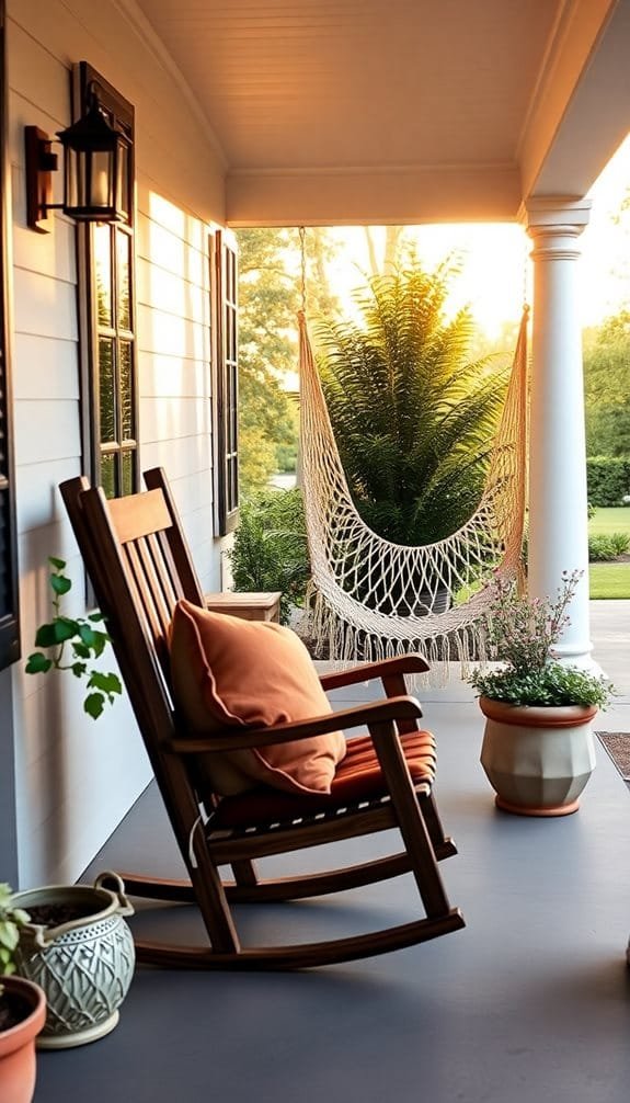 Cozy porch with a rocking chair, hammock, and decorative plants, illuminated by warm sunset light.