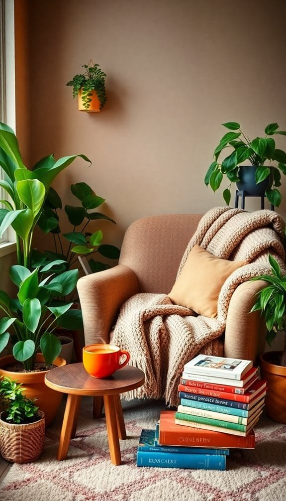 Cozy reading nook featuring a plush beige armchair draped with a knitted blanket and a decorative pillow, surrounded by lush green plants. A wooden side table holds a bright orange mug and a stack of colorful books, creating a warm and inviting atmosphere. Perfect for relaxation and reading.