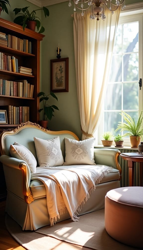 Cozy living room featuring a vintage light blue sofa with decorative pillows and a soft throw blanket, complemented by a wooden bookshelf, potted plants, and sunlight streaming through large windows.