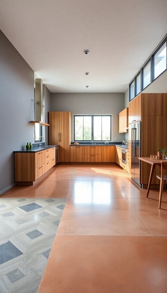 Modern kitchen featuring warm wood cabinetry, sleek black countertops, large windows for natural light, and a mix of textured flooring. Ideal for contemporary home design inspiration.