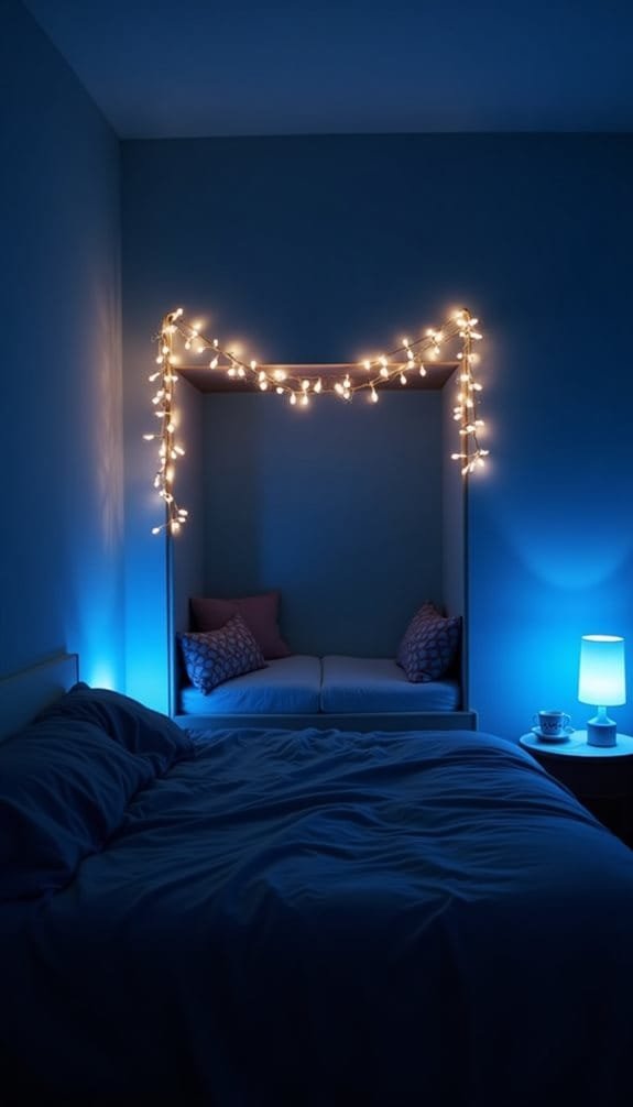 Cozy bedroom interior featuring a bed with blue bedding, a reading nook adorned with string lights, and soft cushions, illuminated by a bedside lamp.