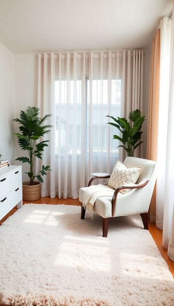 Cozy modern living room featuring a plush area rug, a stylish cream armchair with a decorative pillow, light sheer curtains, and lush green plants, creating a bright and inviting atmosphere.