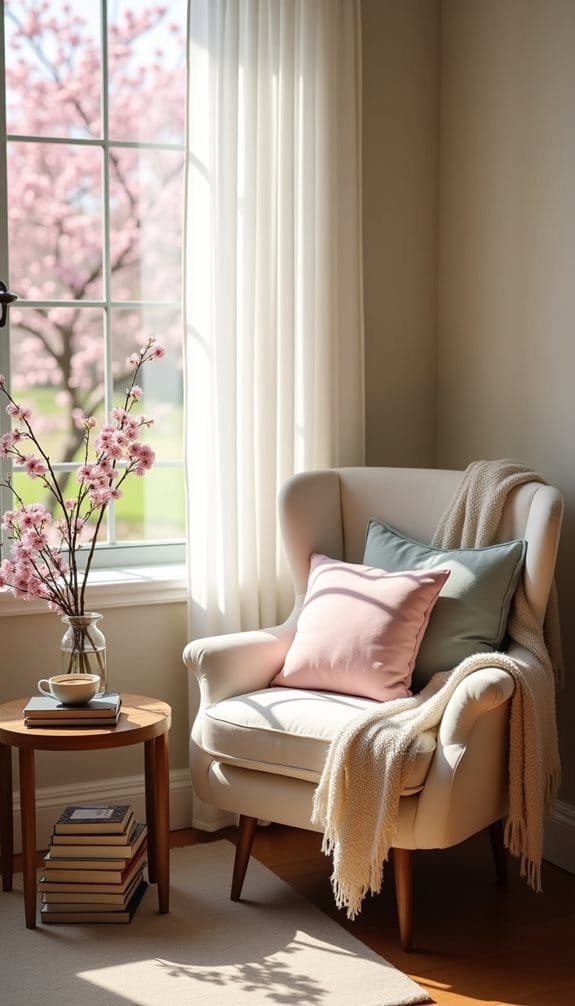 Cozy living room corner featuring a stylish white armchair with soft pink and blue pillows, a small wooden side table with books and a coffee cup, and a vase of cherry blossoms. Bright sunlight filters through sheer curtains, enhancing the serene atmosphere and showcasing springtime views.