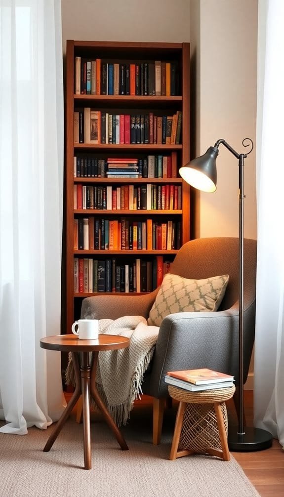 Cozy reading nook with a comfortable armchair, bookshelf, lamp, and coffee table, perfect for book lovers.