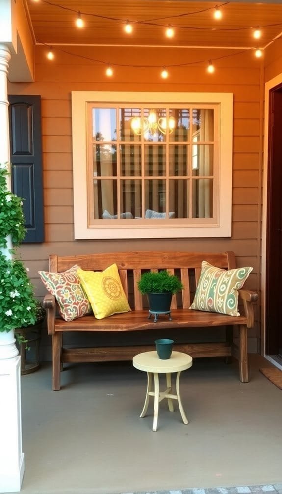 Cozy front porch seating with decorative pillows, a small table, and string lights creating a warm atmosphere.