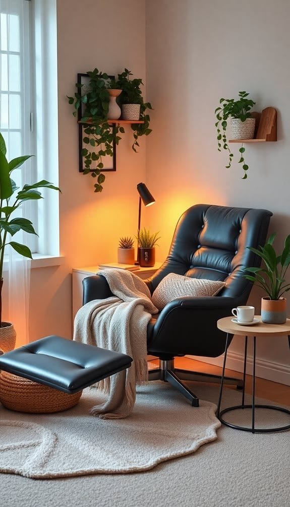 Cozy reading nook featuring a black chair, plants, warm lighting, and a soft throw blanket in a bright room.