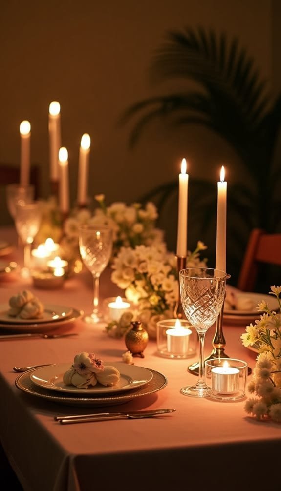 Elegant dinner table setting with candles, flowers, and gourmet desserts, creating a cozy and romantic atmosphere.
