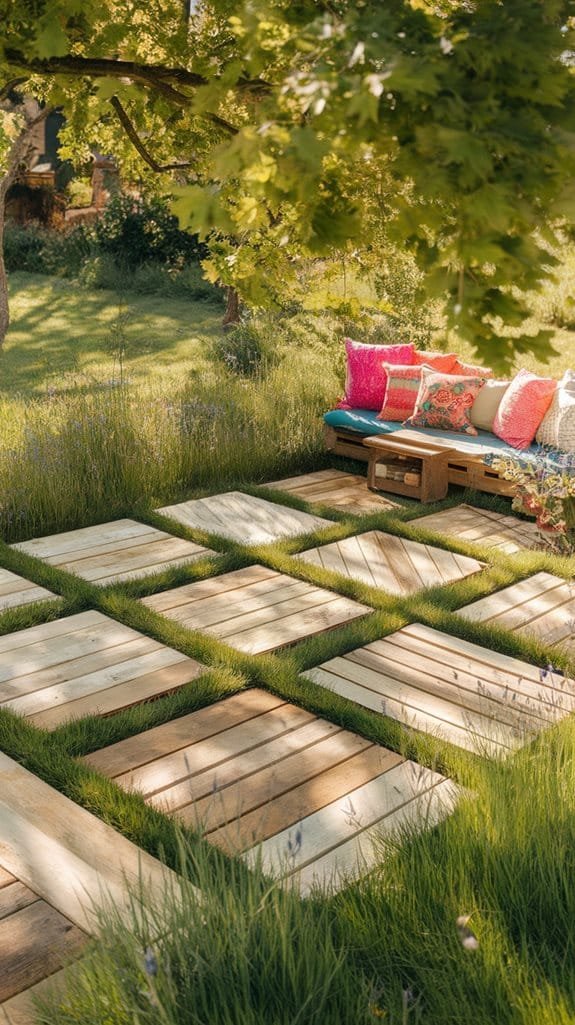 Lush backyard scene featuring wooden stepping stones arranged on grass, with a cozy seating area adorned with colorful cushions under a shaded tree. Ideal for outdoor relaxation and nature-inspired decor.