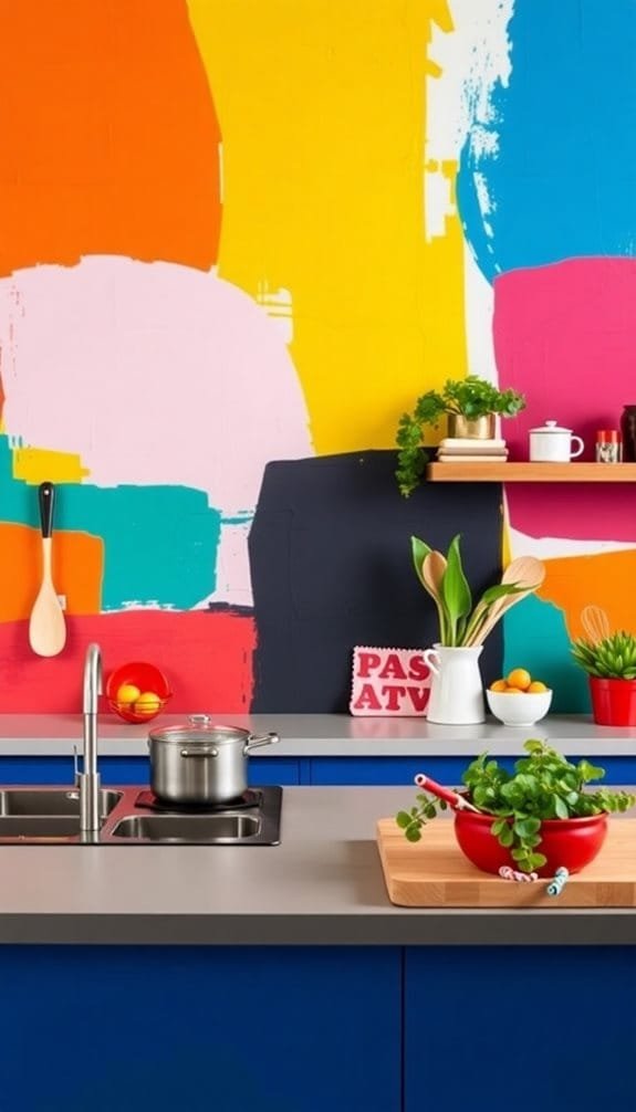 Colorful modern kitchen with blue cabinets, vibrant wall art, and a sleek countertop. Features a stainless steel pot on the stove, fresh herbs in a red bowl, and decorative items like fruits and a humorous sign. Ideal for inspiring kitchen design ideas.