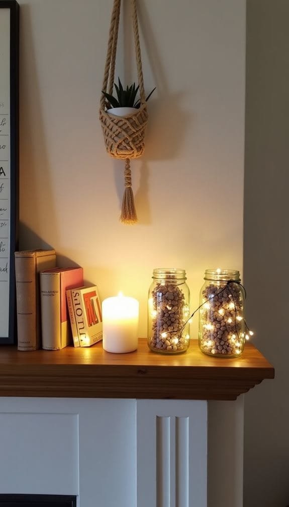 Cozy living room decor featuring a wooden mantel with a lit candle, decorative glass jars filled with pebbles and fairy lights, and a hanging planter/