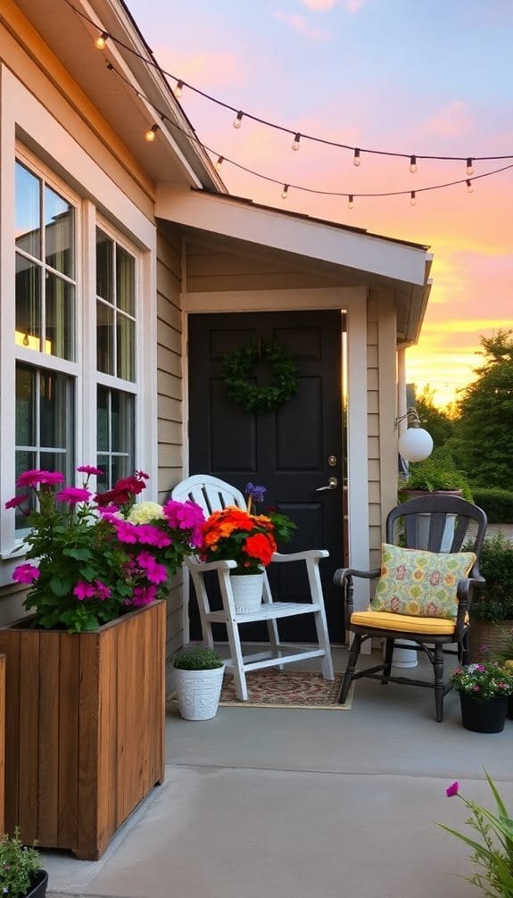Charming front porch with colorful flowers, a black door, and cozy seating under warm evening lights.