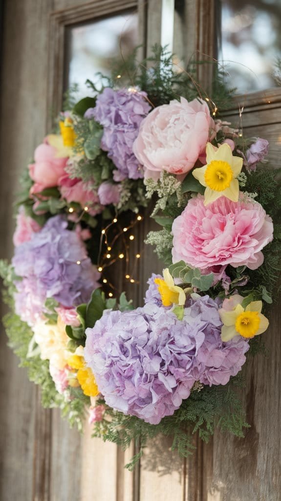 Colorful floral wreath featuring pink peonies, lavender hydrangeas, and yellow daffodils, adorned with greenery and fairy lights, hanging on a wooden door. Perfect for seasonal home decor or spring celebrations.