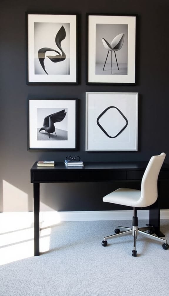 Modern home office featuring a sleek black desk, a white ergonomic chair, and four abstract black-and-white framed art pieces hanging on a dark wall. Natural light illuminates the room, enhancing the minimalist aesthetic.