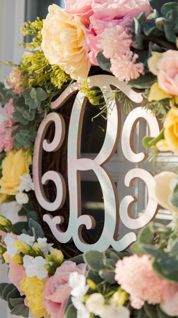 Close-up of a decorative floral wreath featuring soft pink and yellow flowers, greenery, and a monogrammed letter "B" in an elegant script style. Ideal for home decor or entryway decoration.